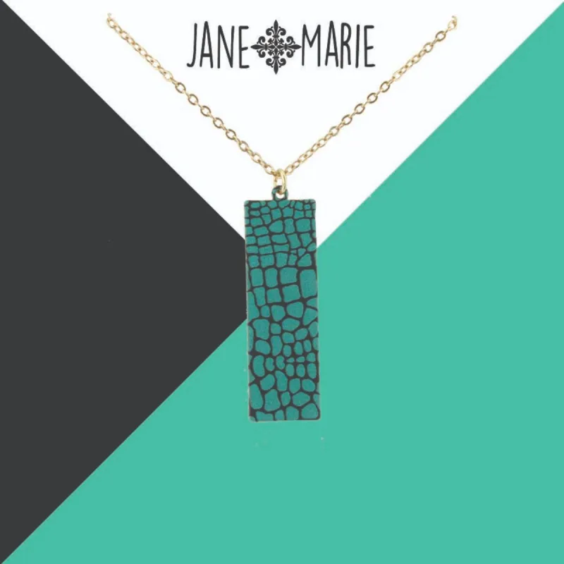 16" Teal Snakeskin Printed Metal Rectangle Necklace, 3" Ext. sold by Charming Charlie