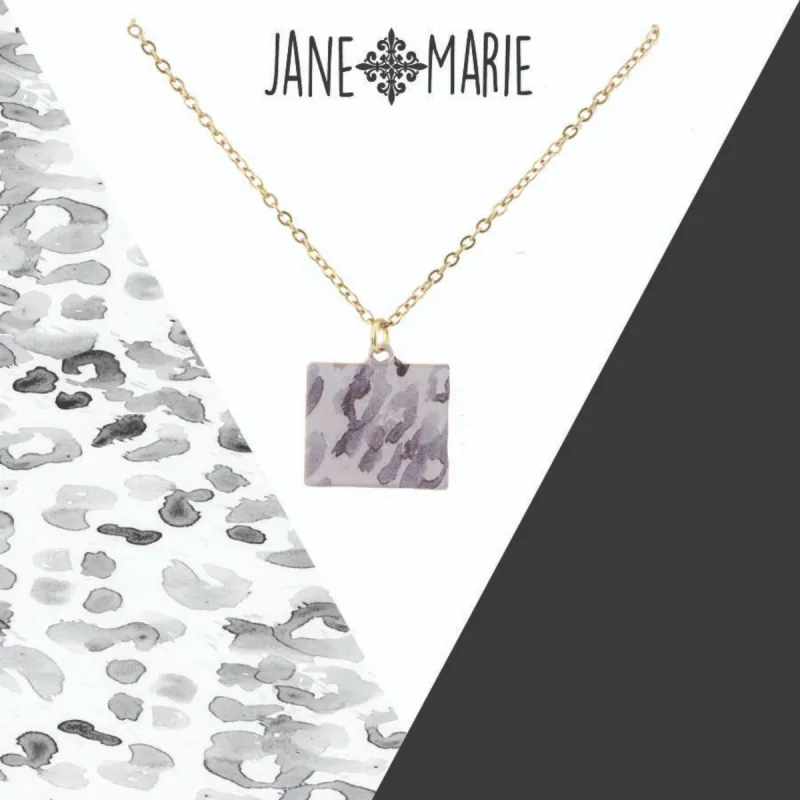 16" White/Grey Leopard Printed Metal Square Necklace, 3" Ext. sold by Charming Charlie