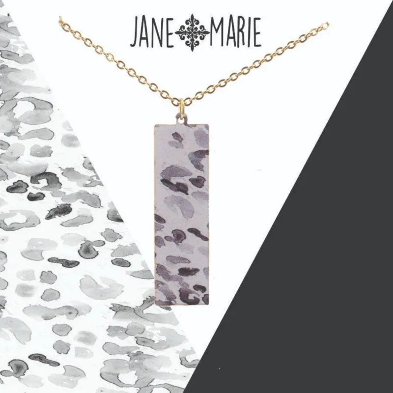 16" White/Grey Leopard Printed Metal Rectangle Necklace, 3" Ext. sold by Charming Charlie