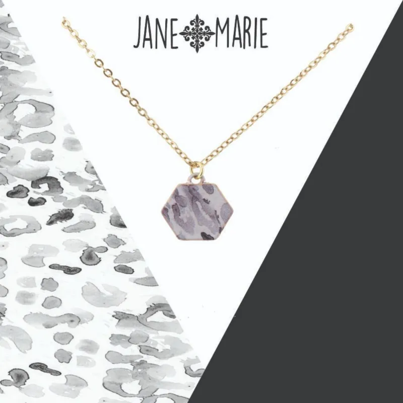 16" White/Grey Leopard Printed Metal Hexagon Necklace, 3" Ext. sold by Charming Charlie