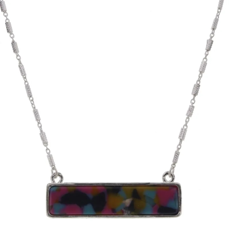 16" Silver Chain Necklace with Pink/Turquoise/Mustard & Grey Marbled Double Sided Resin Rectangle, , 3" Ext. sold by Charming Charlie