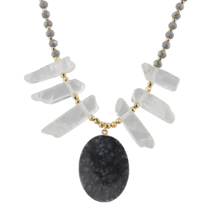 18" Clear Stone Bib Necklace with Grey Body and Grey Druzy Pendant, 3" Ext. sold by Charming Charlie
