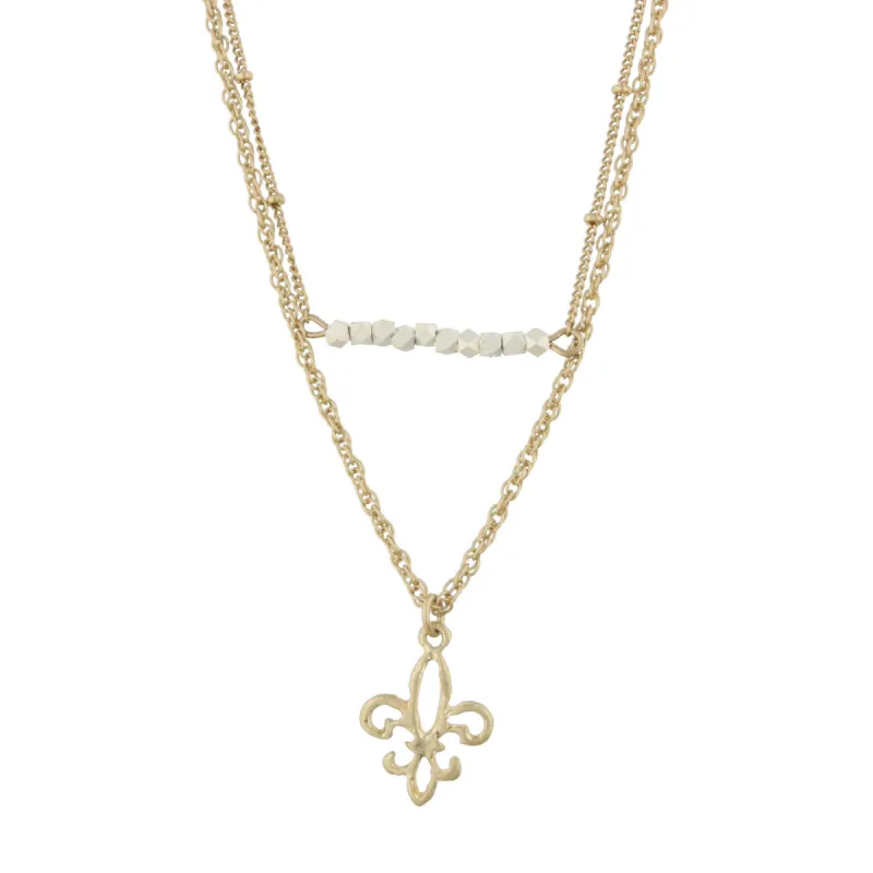 18" Gold Double Bar Necklace -Fleur De Lis, 3" Ext. sold by Charming Charlie