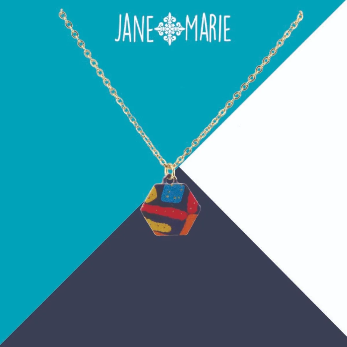 16" Multi Pattern Printed Metal Hexagon Necklace, 3" Ext. sold by Charming Charlie