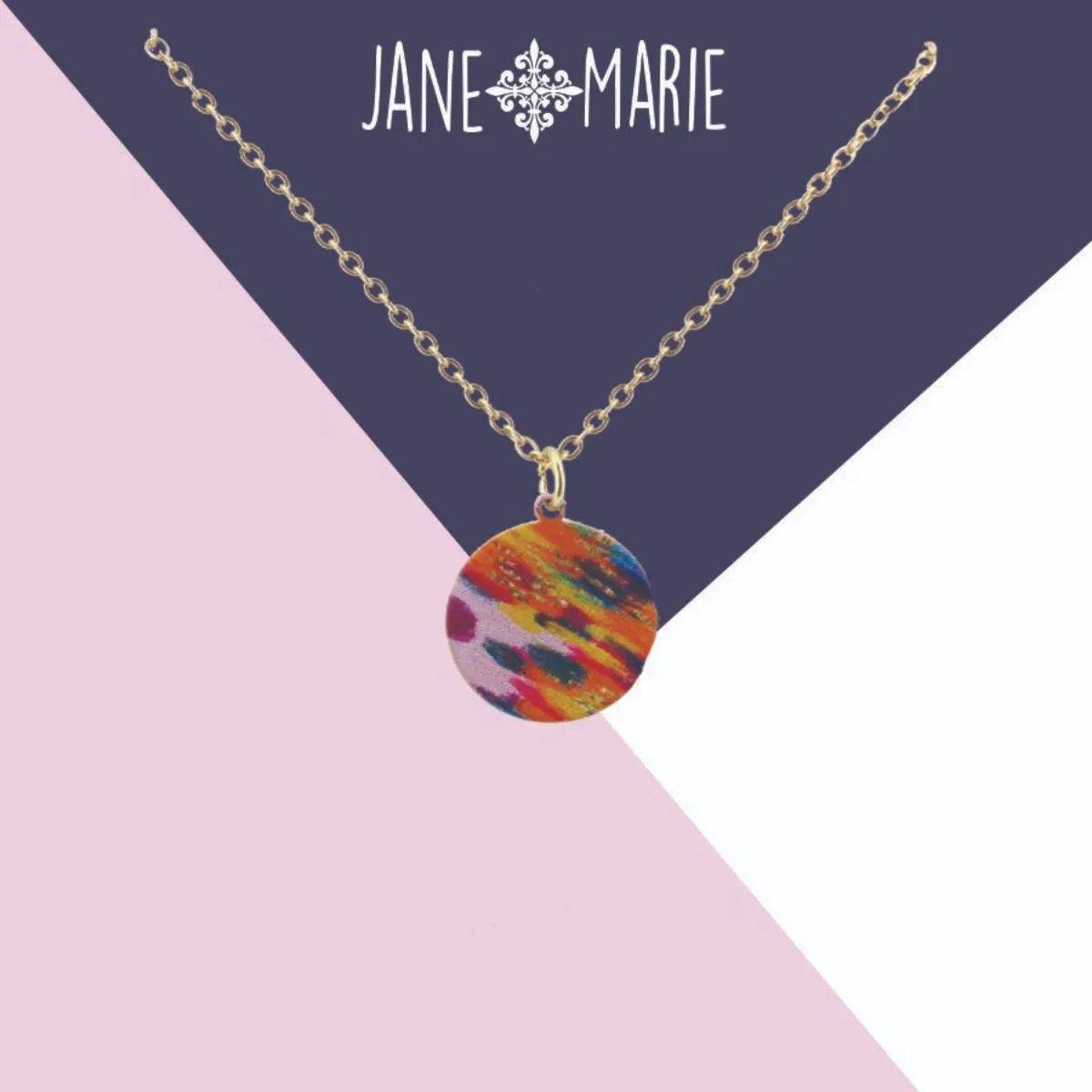 16" Multi Abstract Dot Pattern Printed Metal Circle Necklace, 3" Ext. sold by Charming Charlie