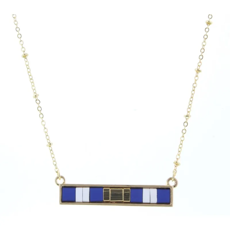 16" Royal, White, Gold Tila Beaded Bar Necklace, 3" Ext. sold by Charming Charlie