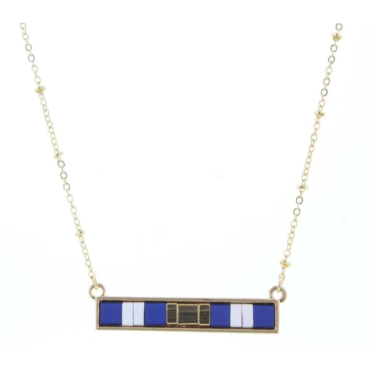 16" Royal, White, Gold Tila Beaded Bar Necklace, 3" Ext. sold by Charming Charlie