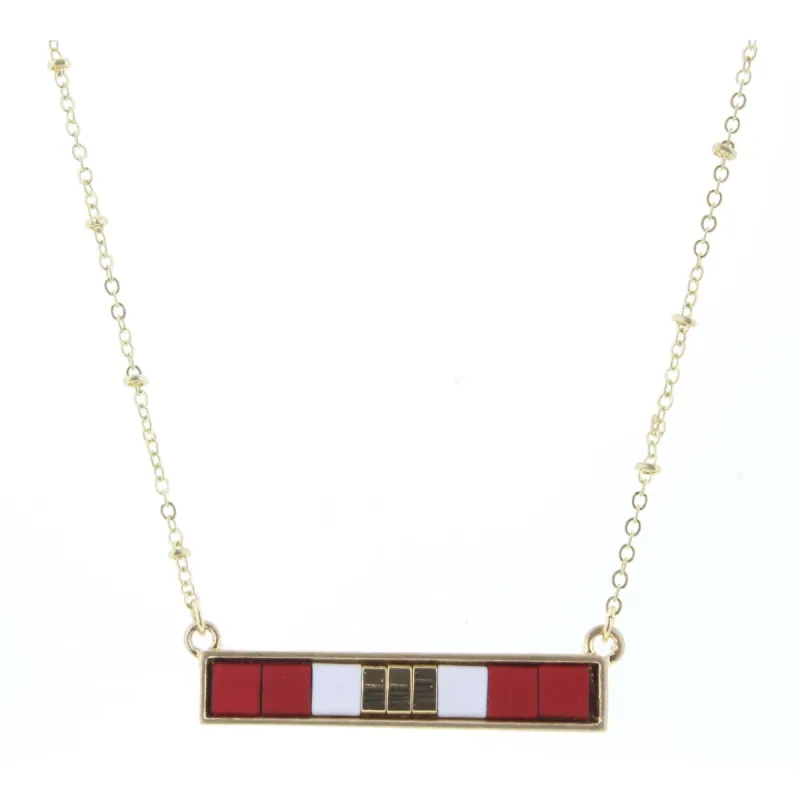 16" Red, Gold, White Tila Beaded Bar Necklace, 3" Ext. sold by Charming Charlie
