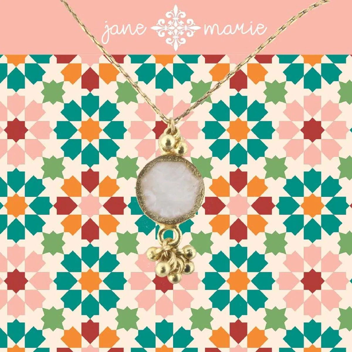 16" Pearl Pink Sun Stone Necklace with Gold Dangles, 3" Ext. sold by Charming Charlie