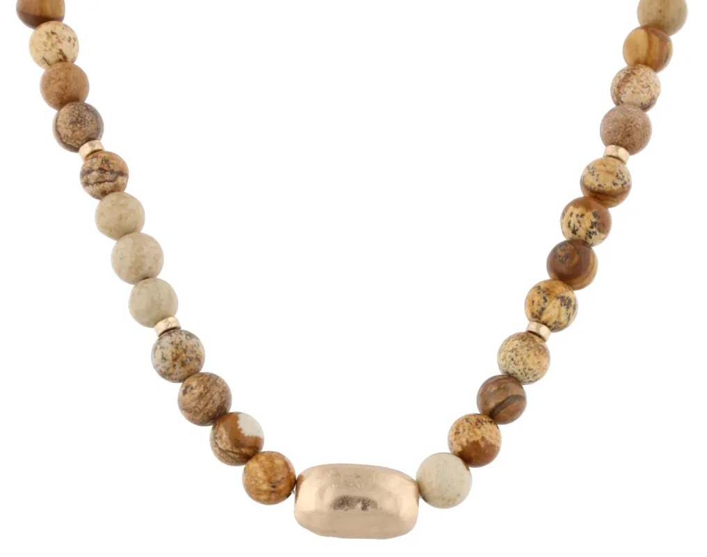 16" Picture Jasper Natural Stone Beads with Hammered Antique Gold Bar, 3" Ext. sold by Charming Charlie