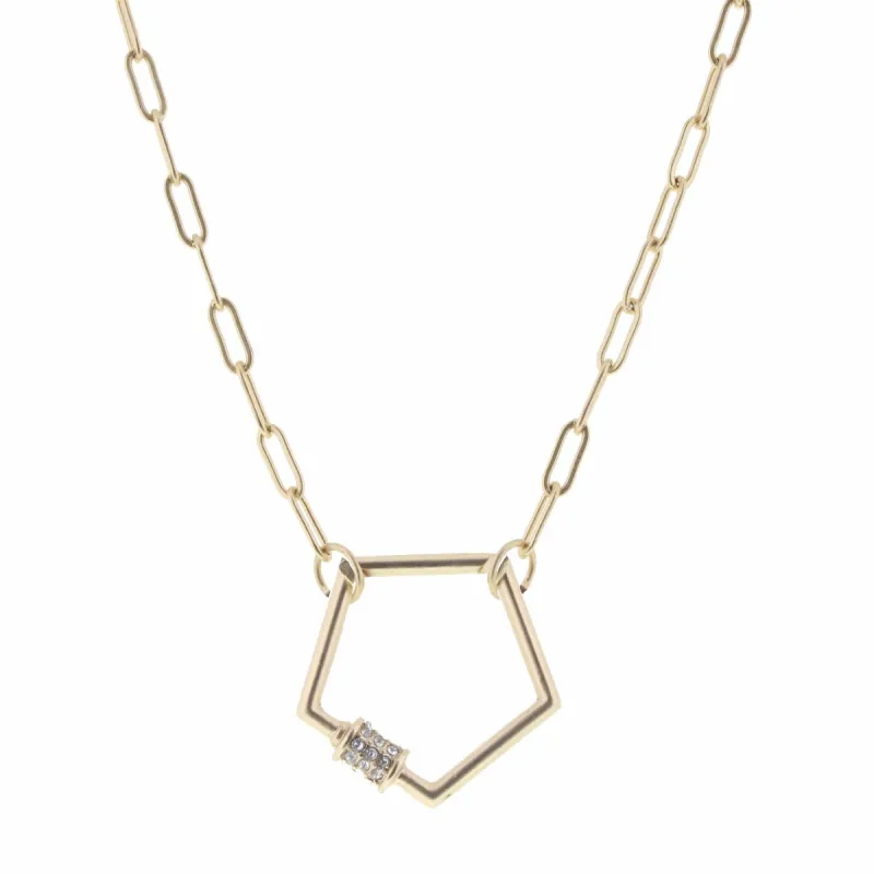 16" Matte Gold Pentagon Carabiner Necklace, 3" Ext. sold by Charming Charlie
