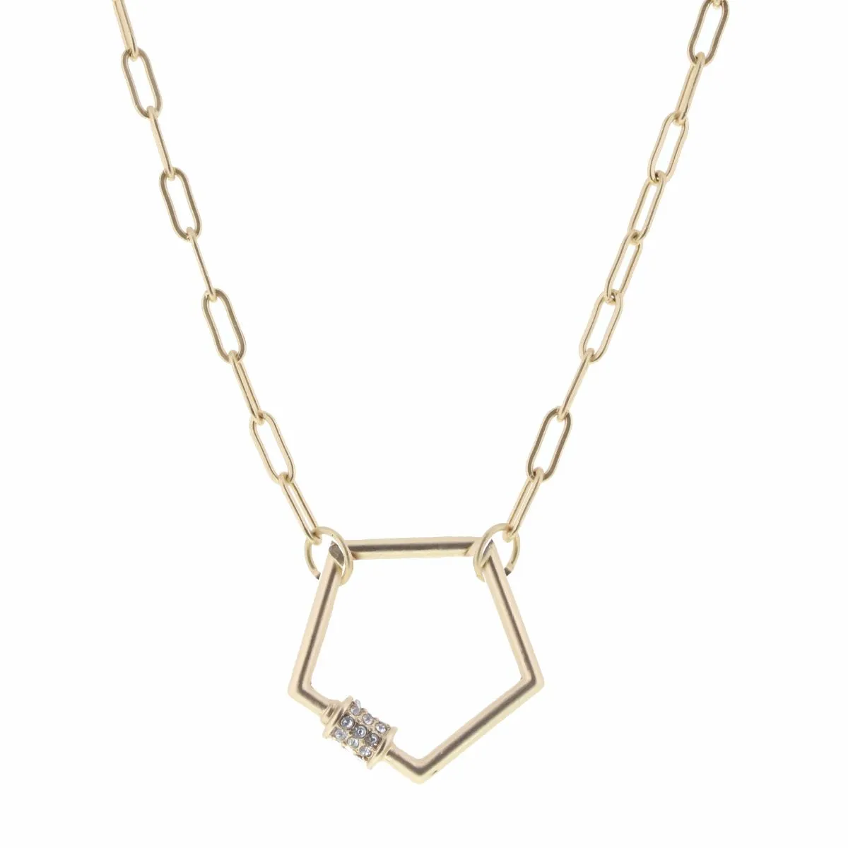 16" Matte Gold Pentagon Carabiner Necklace, 3" Ext. sold by Charming Charlie