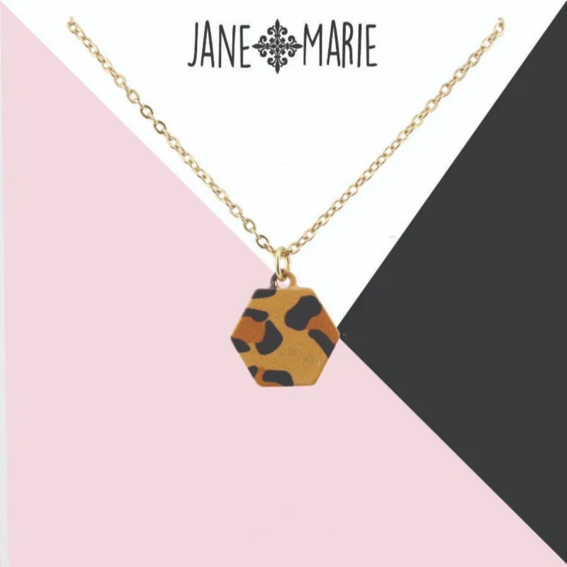 16" Leopard Printed Metal Hexagon Necklace, 3" Ext. sold by Charming Charlie