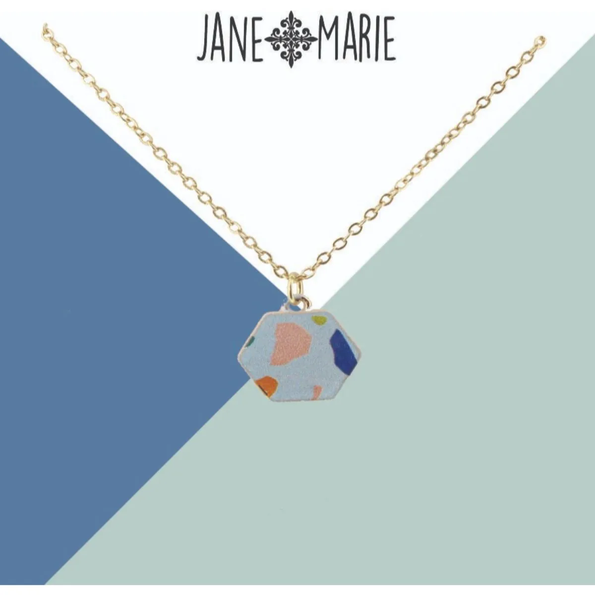 16" Light Blue Terrazzo Printed Metal Hexagon Necklace, 3" Ext. sold by Charming Charlie