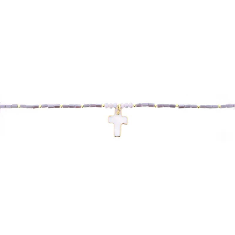 16" Lavender Beaded Necklace with Shell Cross, 3" Ext. sold by Charming Charlie