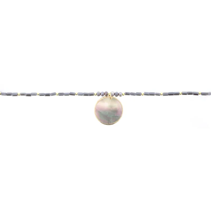 16" Grey Beaded Necklace with Shell Circle, 3" Ext. sold by Charming Charlie