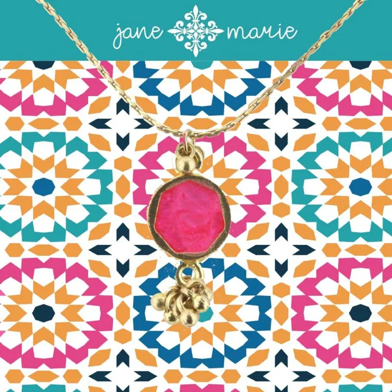 16" Hot Pink Sun Stone Necklace with Gold Dangles, 3" Ext. sold by Charming Charlie