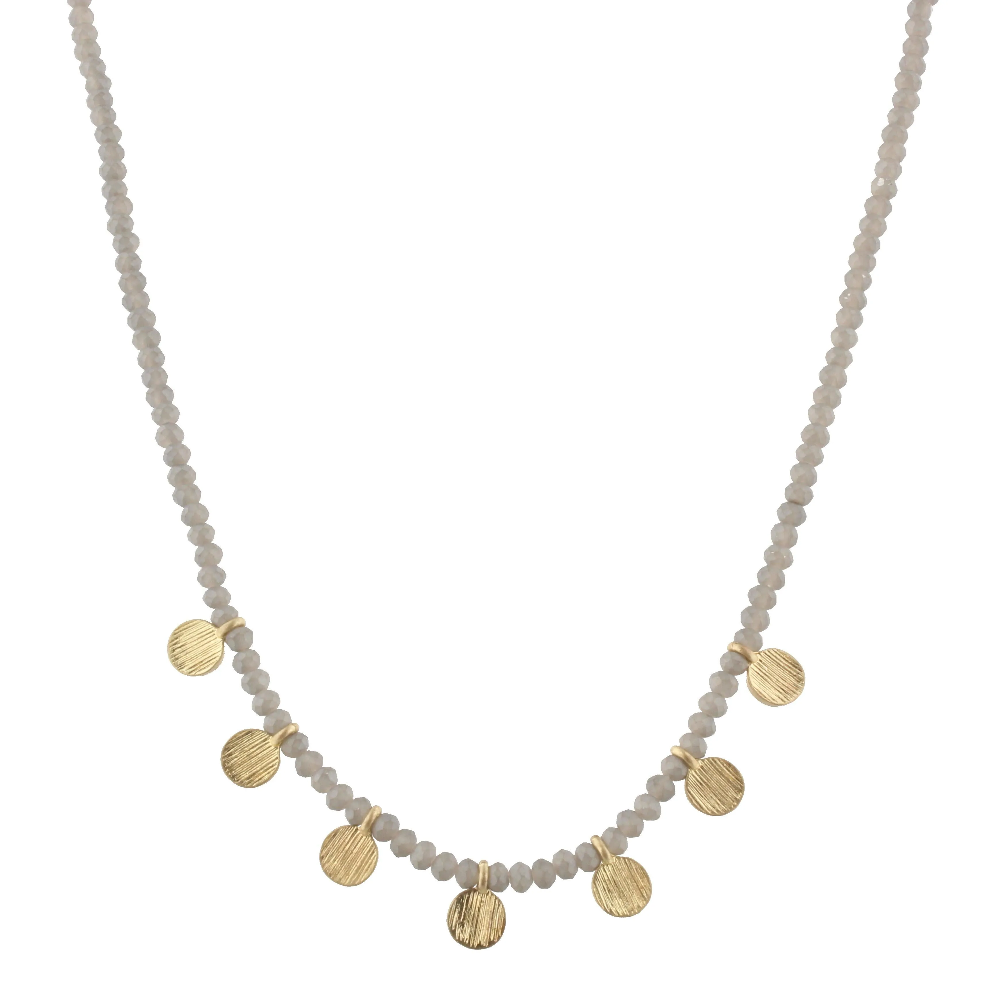 16" Matte Grey Beaded Necklace with Gold Disks, 3" Ext. sold by Charming Charlie