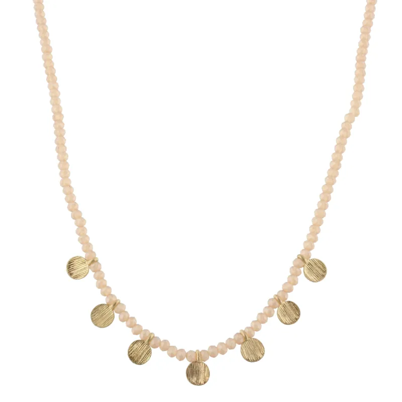 16" Matte Champagne Beaded Necklace with Gold Disks, 3" Ext. sold by Charming Charlie