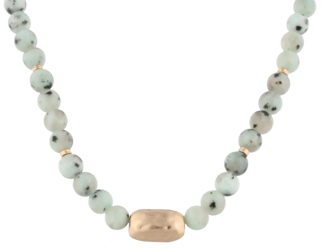 16" Kiwi Natural Stone Beads with Hammered Antique Gold Bar, 3" Ext. sold by Charming Charlie