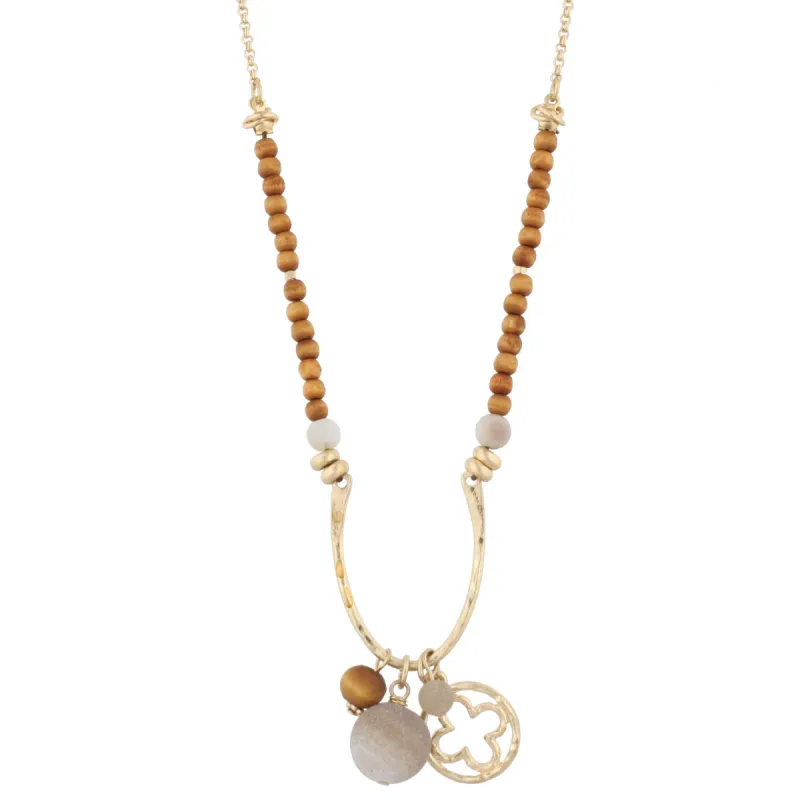 16" Half Wooden Beaded with Wishbone Shape "U" with Quatreoil In Circle Charm and Natural Grey Stone, 3" Ext. sold by Charming Charlie