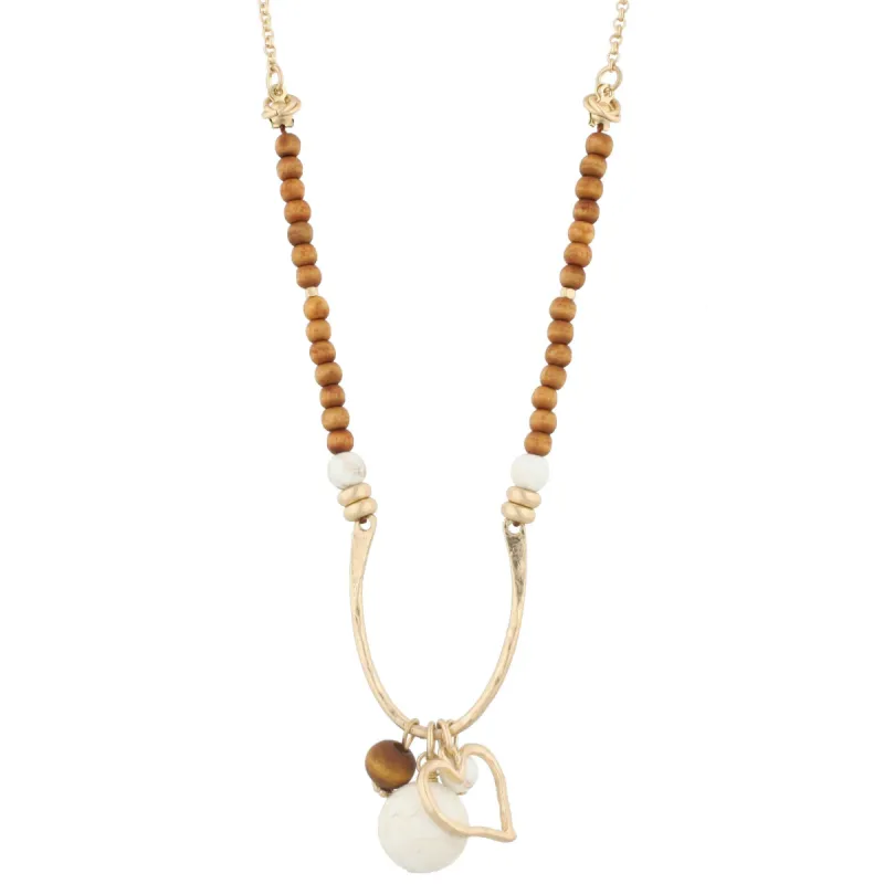 16" Half Wooden Beaded with Wishbone Shape "U" with Heart Charm and Natural Stone, 3" Ext. sold by Charming Charlie