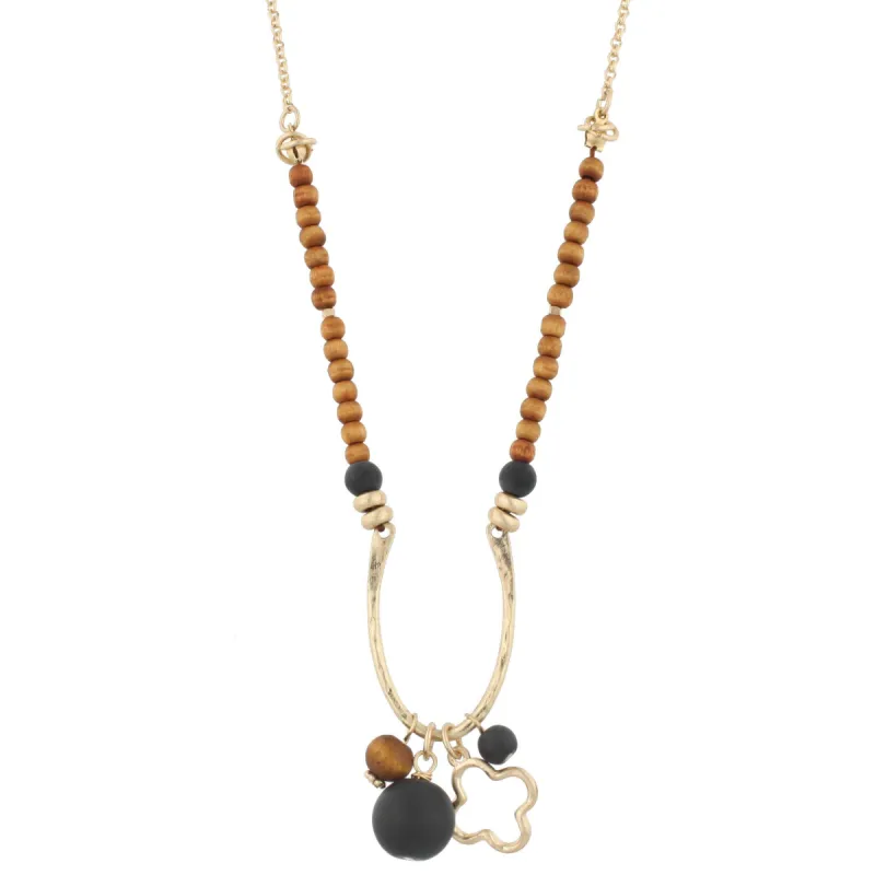 16" Half Wooden Beaded with Wishbone Shape "U" with Quatrefoil Charm and Matte Black Stone, 3" Ext. sold by Charming Charlie
