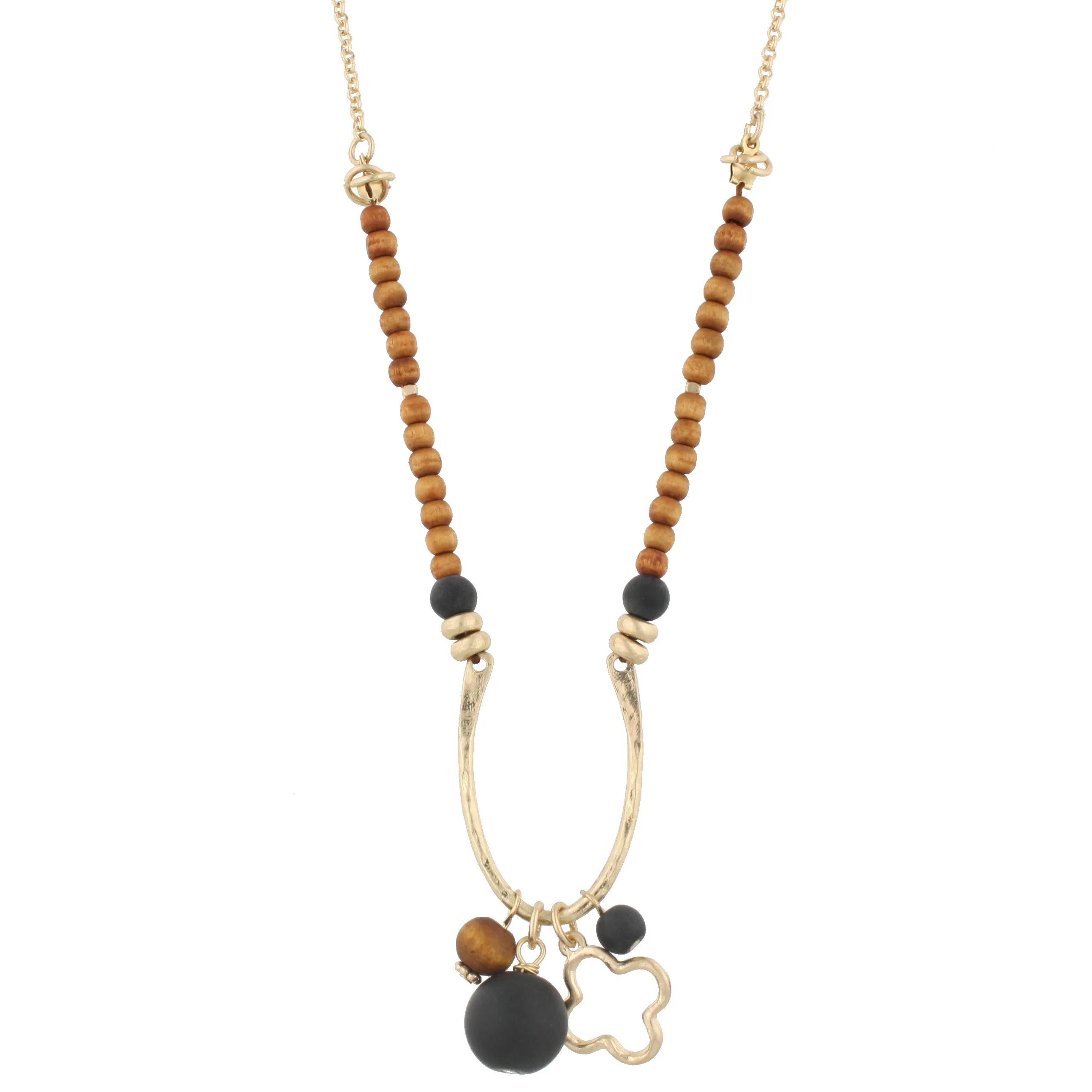 16" Half Wooden Beaded with Wishbone Shape "U" with Quatrefoil Charm and Matte Black Stone, 3" Ext. sold by Charming Charlie