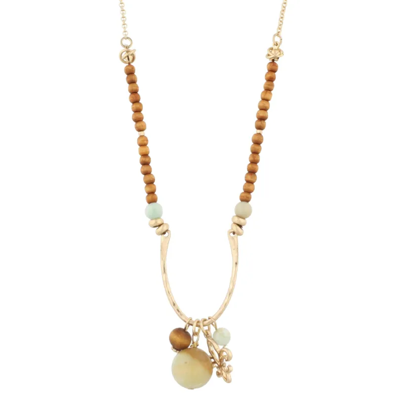 16" Half Wooden Beaded with Wishbone Shape "U" with Fleur De Lis Charm and Amazonite Stone, 3" Ext. sold by Charming Charlie
