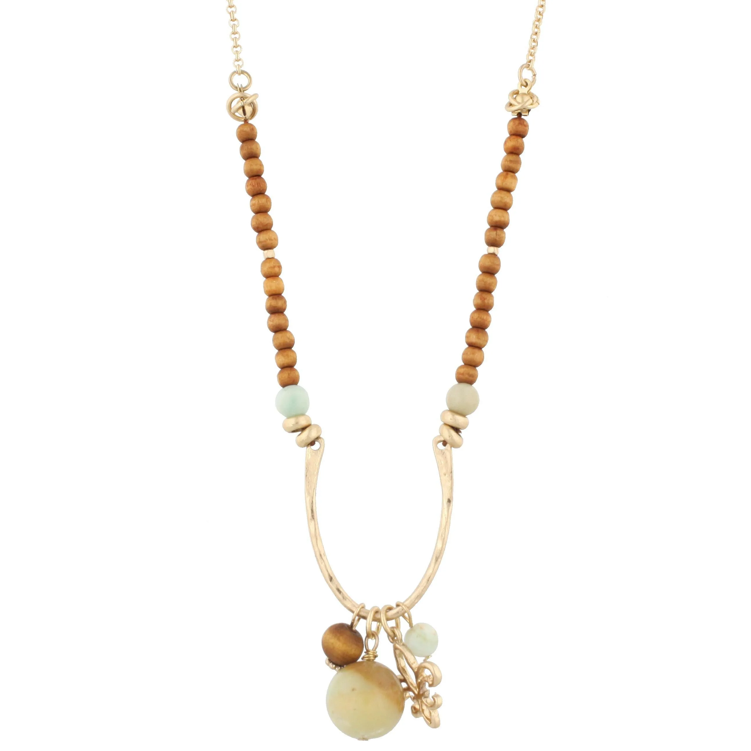 16" Half Wooden Beaded with Wishbone Shape "U" with Fleur De Lis Charm and Amazonite Stone, 3" Ext. sold by Charming Charlie