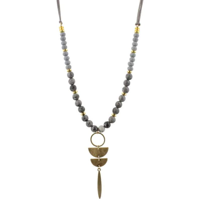 12-30" Adjustable Grey Leather with Grey Map Stone and Grey Beads Necklace with Stacked Geometric sold by Charming Charlie
