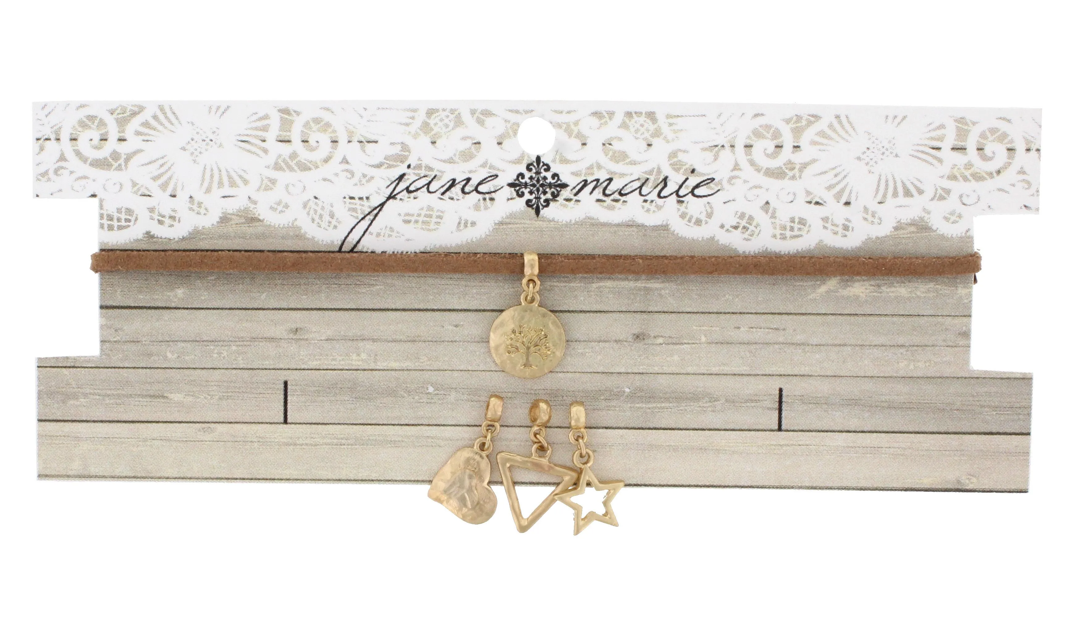 12" Tan Leather Choker with Stamped Tree, Heart, Open Triangle, Open Star, 3" Ext. sold by Charming Charlie