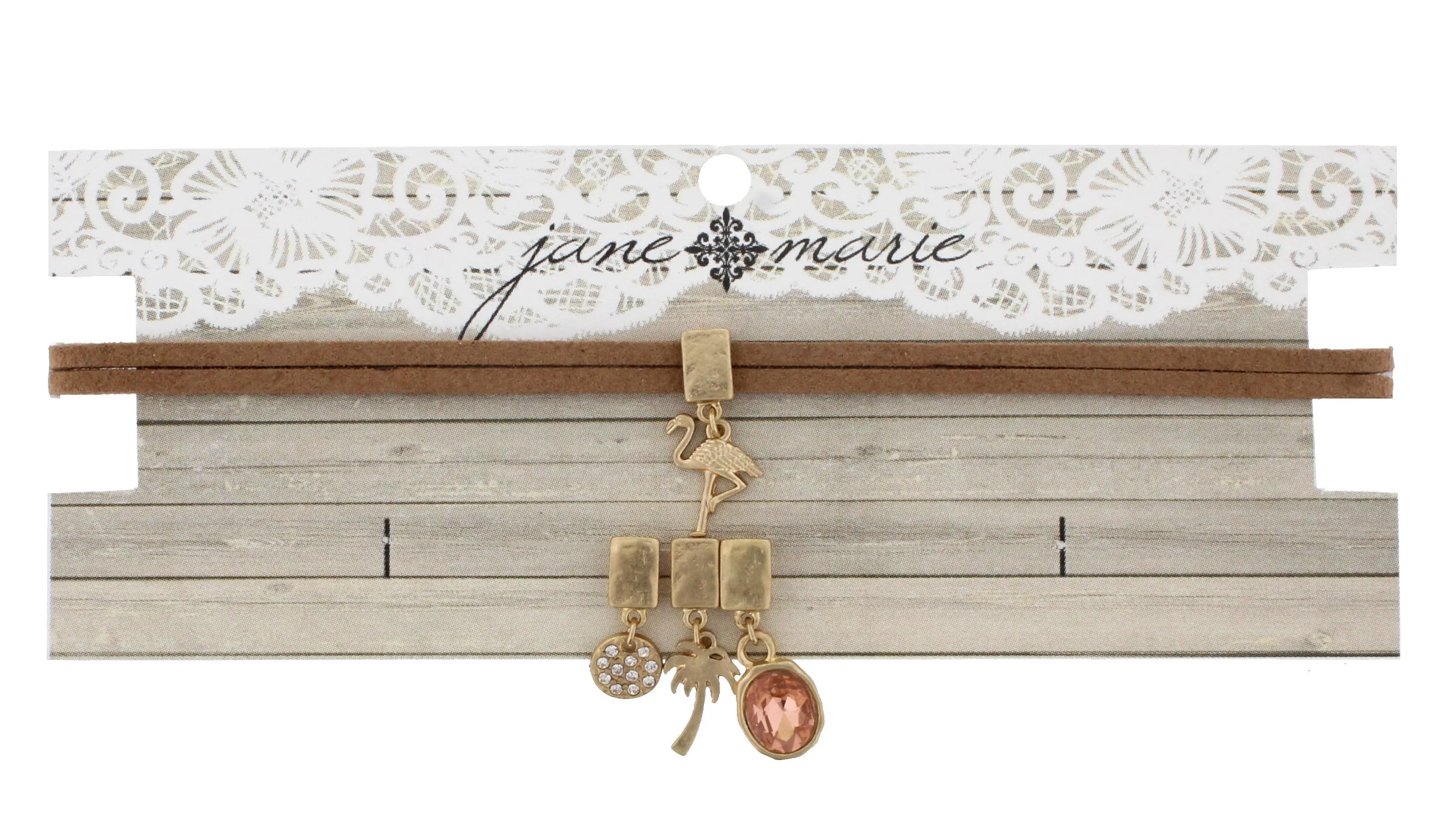 12" Tan Leather Choker with Palm Tree, Flamingo, Rose Cabochon, Rhinestone Disk, 3" Ext. sold by Charming Charlie