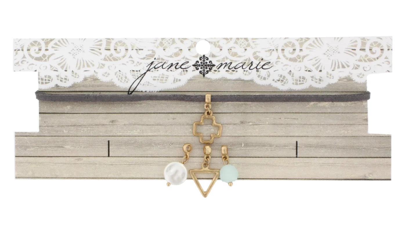 12" Grey Leather Choker with Open Triangle, Open Cross, Pearl, Aqua Bead, 3" Ext. sold by Charming Charlie