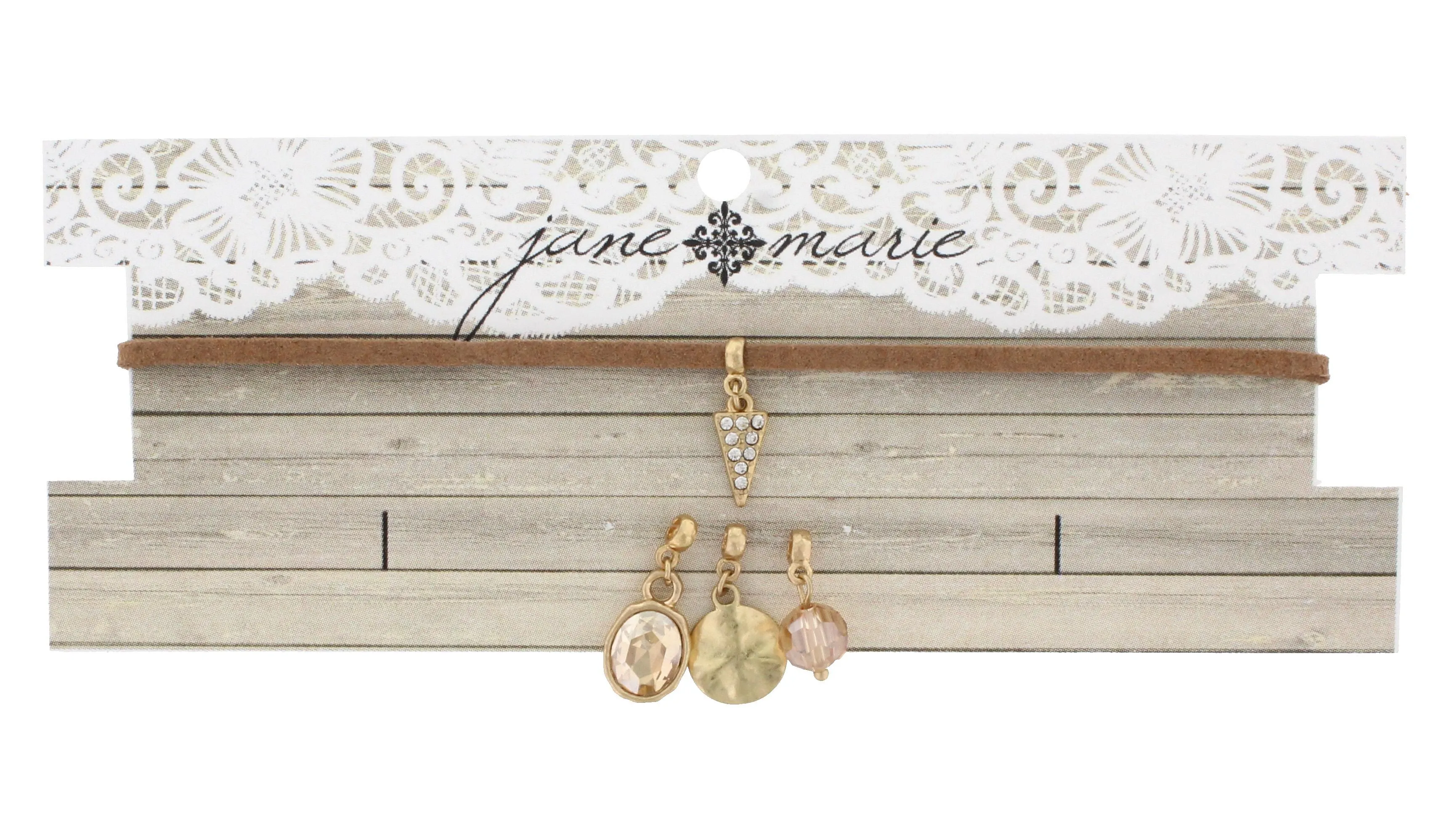 12" Tan Leather Choker with Spear, Wavy Disk, Champagne Bead, Champagne Cabochon, 3" Ext. sold by Charming Charlie