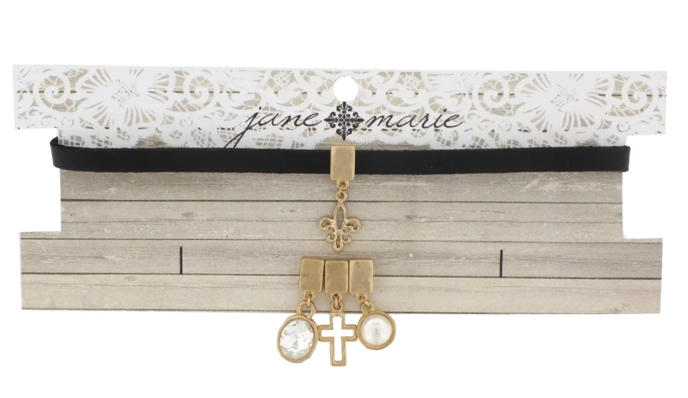 12" Black Leather Choker with Fleur De Lis, Cross, Pearl Cabochon, Clear Cabochon, 3" Ext. sold by Charming Charlie