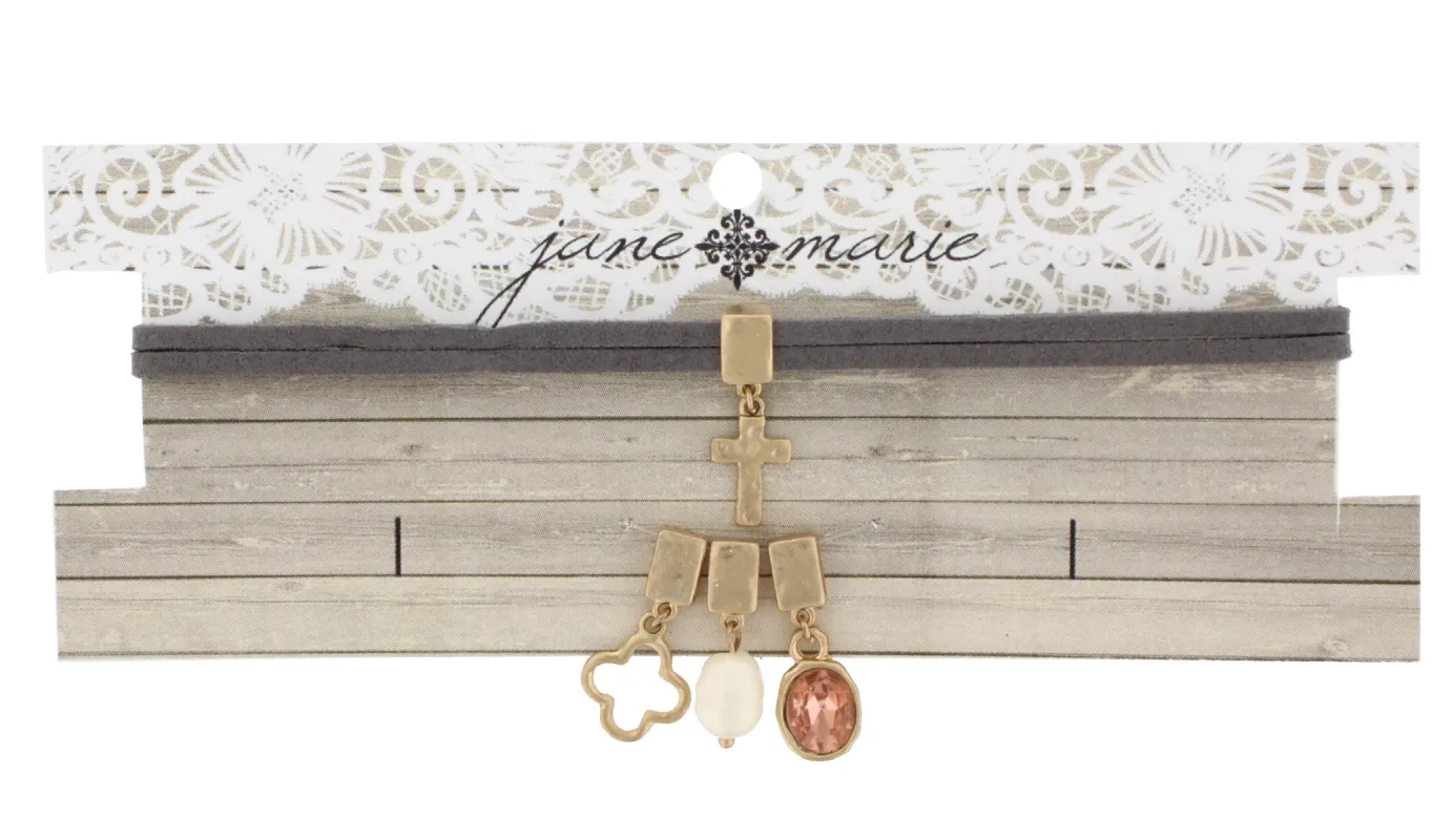 12" Grey Leather Choker with Cross, Rose Cabochon, Pearl, Quatrefoil, 3" Ext. sold by Charming Charlie