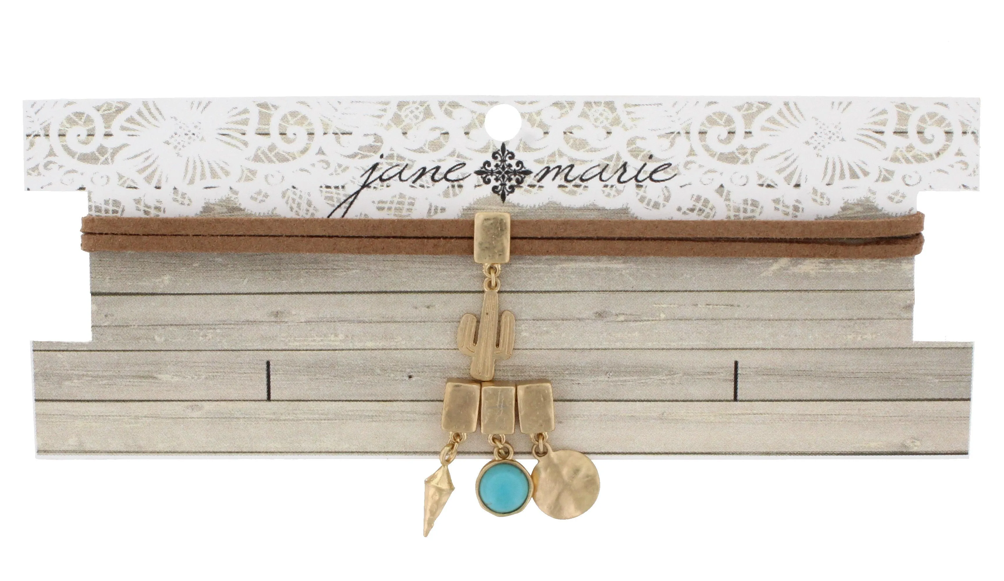 12" Tan Leather Choker with Cactus, Turquoise Cabochon, 3D Spear, and Wavy Disk, 3" Ext. sold by Charming Charlie