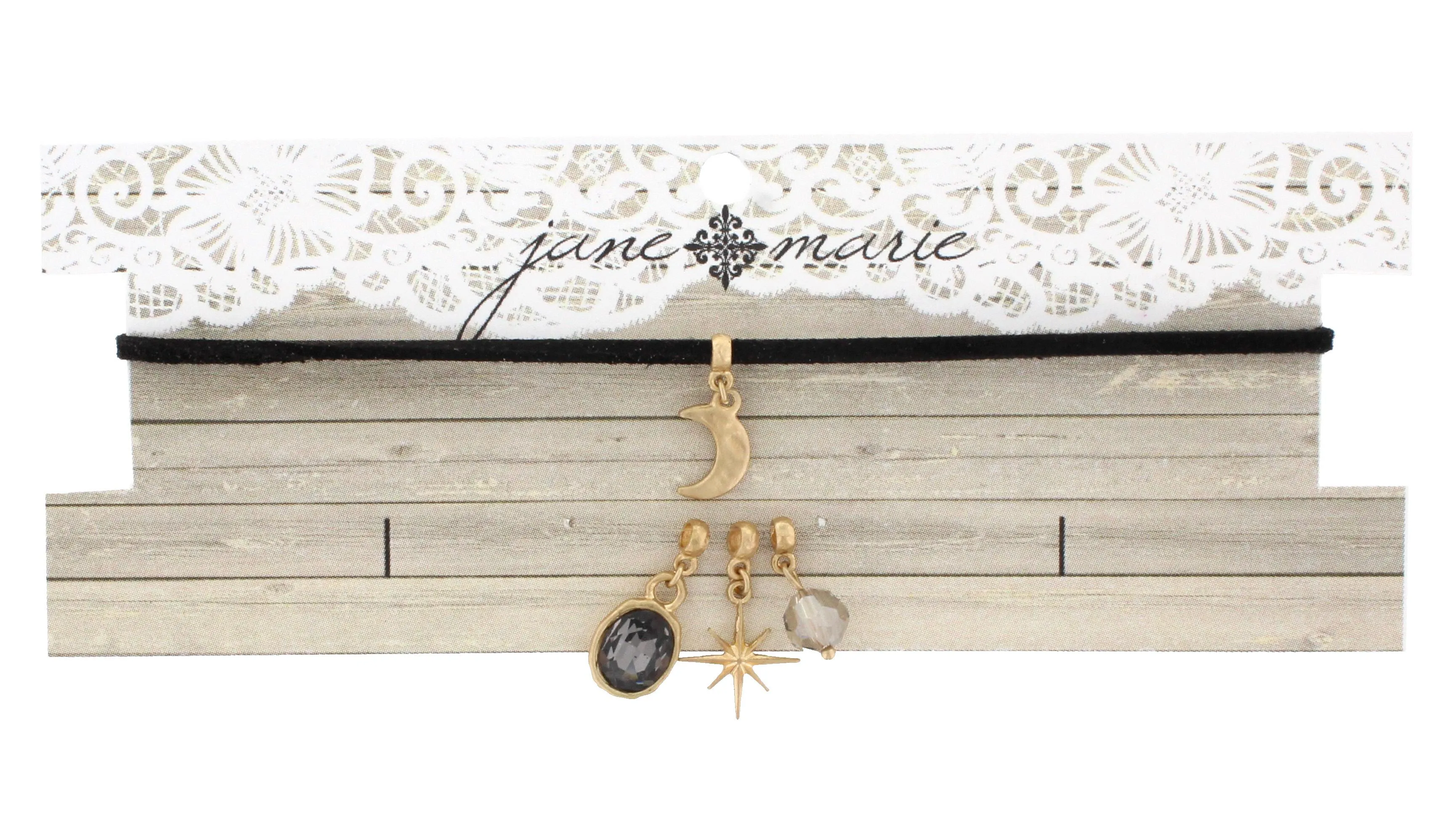 12" Black Leather Choker with Moon, Black Diamond Bead, Black Diamond Babochon, and North Star Charms, 3" Ext. sold by Charming Charlie