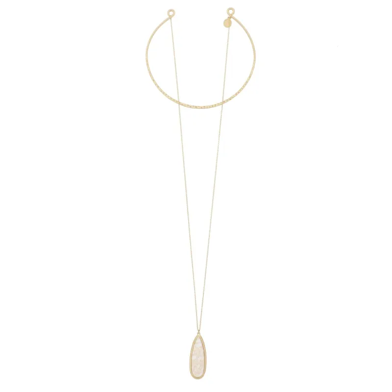 12" Circle Hammered Antique Gold Choker with 30" Stone Dropp - Natural Stone sold by Charming Charlie