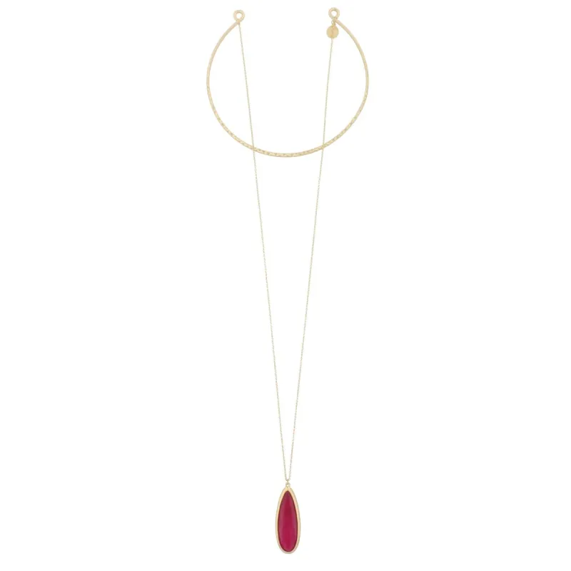 12" Circle Hammered Antique Gold Choker with 30" Stone Drop - Magenta Stone sold by Charming Charlie