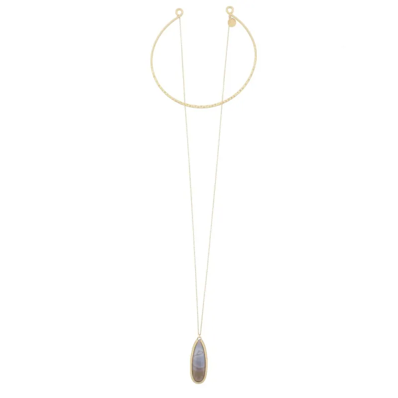 12" Circle Hammered Antique Gold Choker with 30" Stone Drop -Grey Stone sold by Charming Charlie