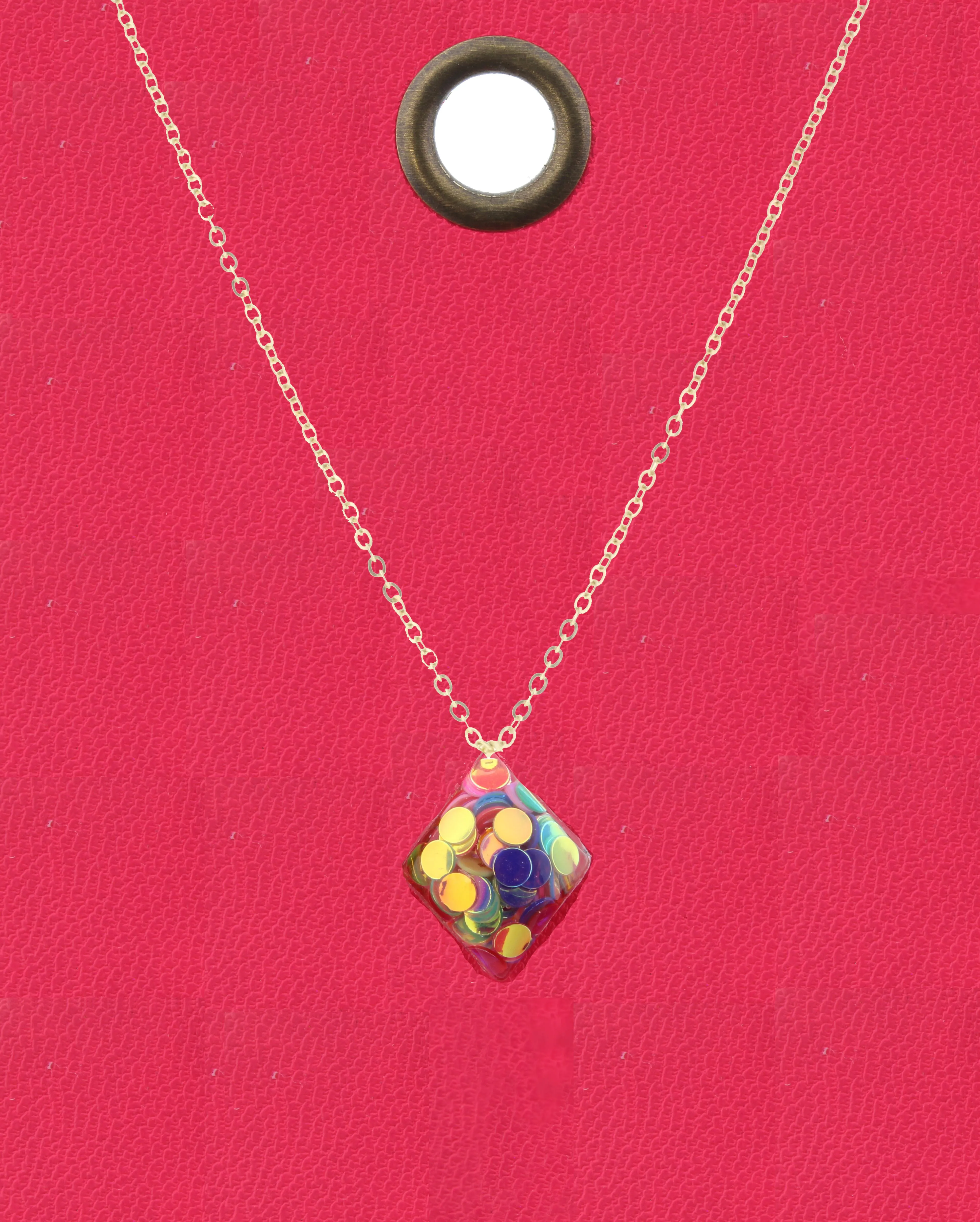 16" Gold Chain Necklace with Multi Color Confetti Diamond Shape Charm, 3" Ext. sold by Charming Charlie