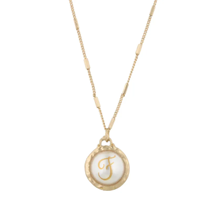 16" Gold Chain Necklace with Pearl Cabochan F Initial, 3" Ext. sold by Charming Charlie