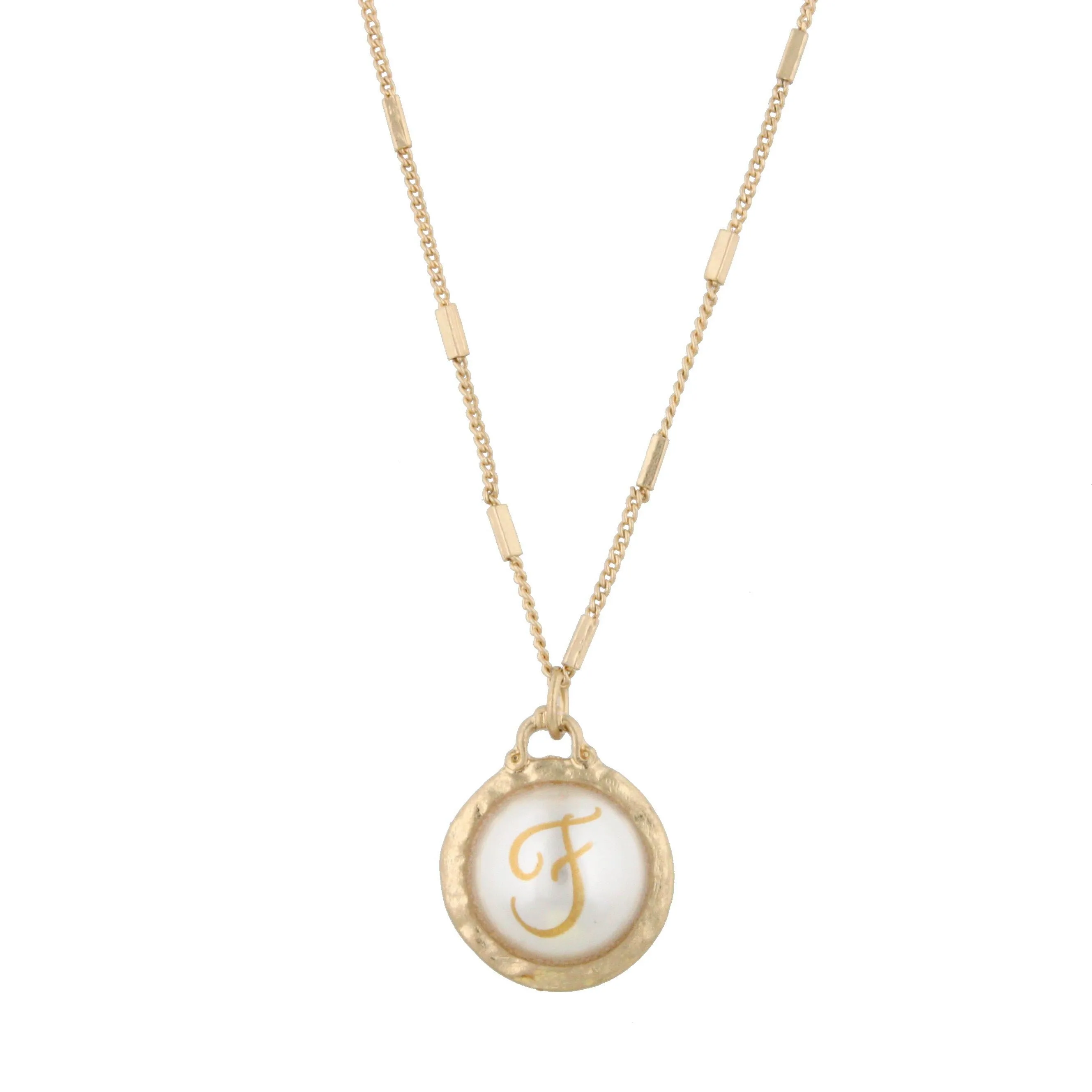 16" Gold Chain Necklace with Pearl Cabochan F Initial, 3" Ext. sold by Charming Charlie
