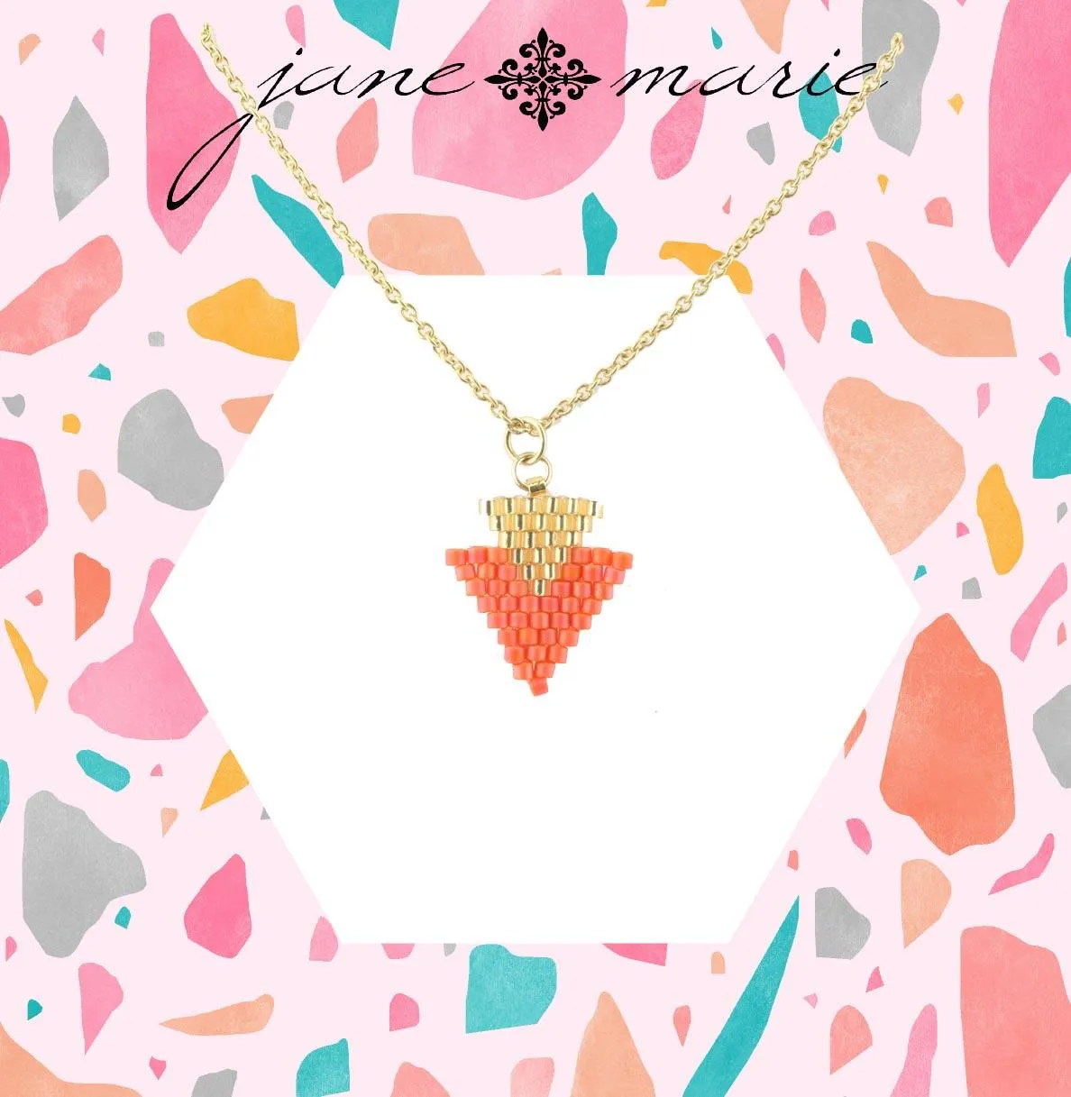 16" Gold Chain Necklace with Gold and Tangerine Seed Bead Double Triangle, 3" Ext. sold by Charming Charlie