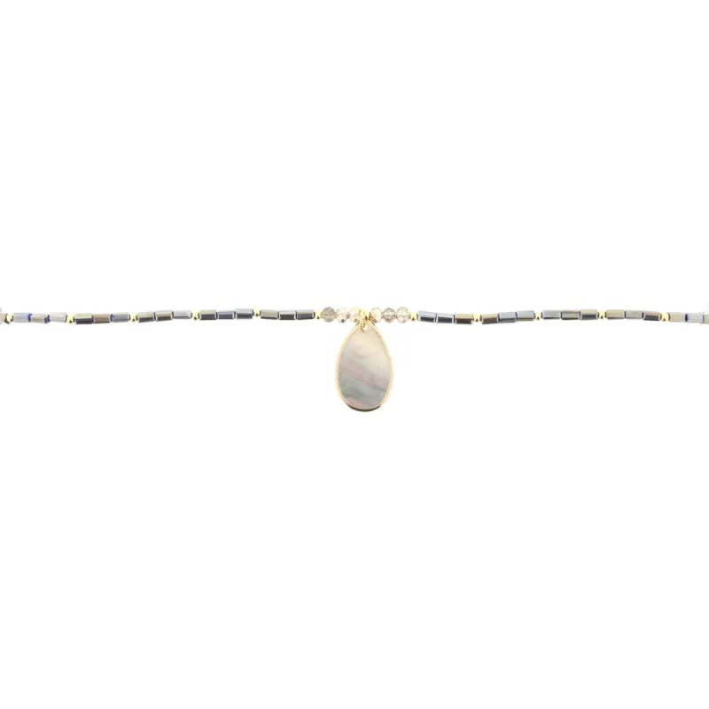 16" Dark Metallic Grey Beaded Necklace with Shell Teardrop, 3" Ext. sold by Charming Charlie