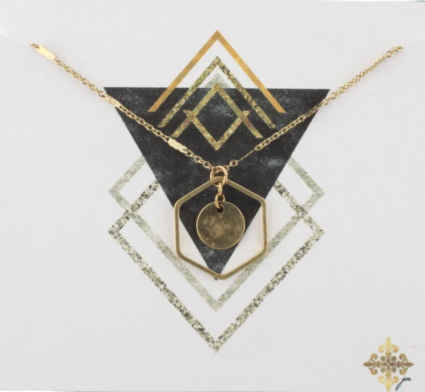 16" Gold Chain Necklace with Disk Inside Hexagon, 3" Ext. sold by Charming Charlie