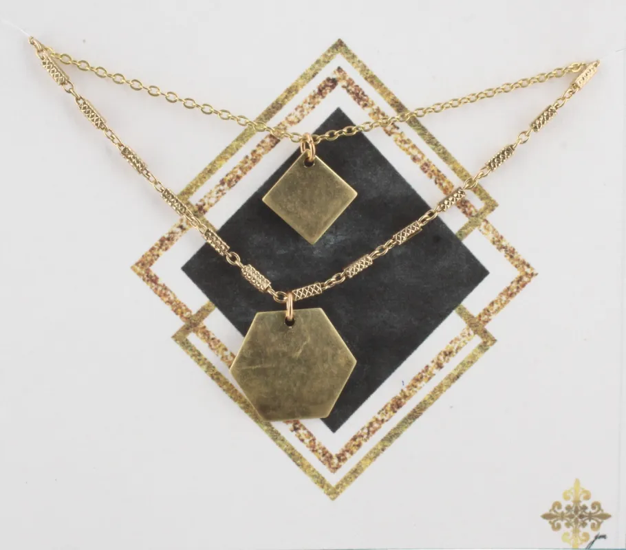 16" Gold Chain 2 Layer Necklace with Square and Hexagon, 3" Ext. sold by Charming Charlie