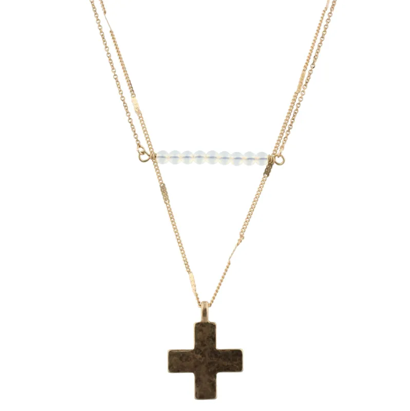 16" Delicate Gold 2 Layer Moonstone Beaded Bar, Cross Charm, 3" Ext. sold by Charming Charlie